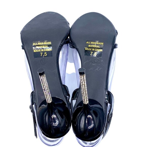 Black Rhinestone Stiletto Heels T- Strap Design Crystal Embellishments Size 7.5 - Picture 8 of 11